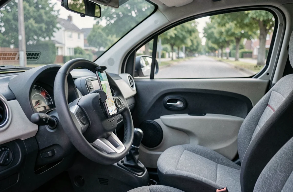 Intérieur minimaliste de la Citroën Ami avec tableau de bord et smartphone de navigation