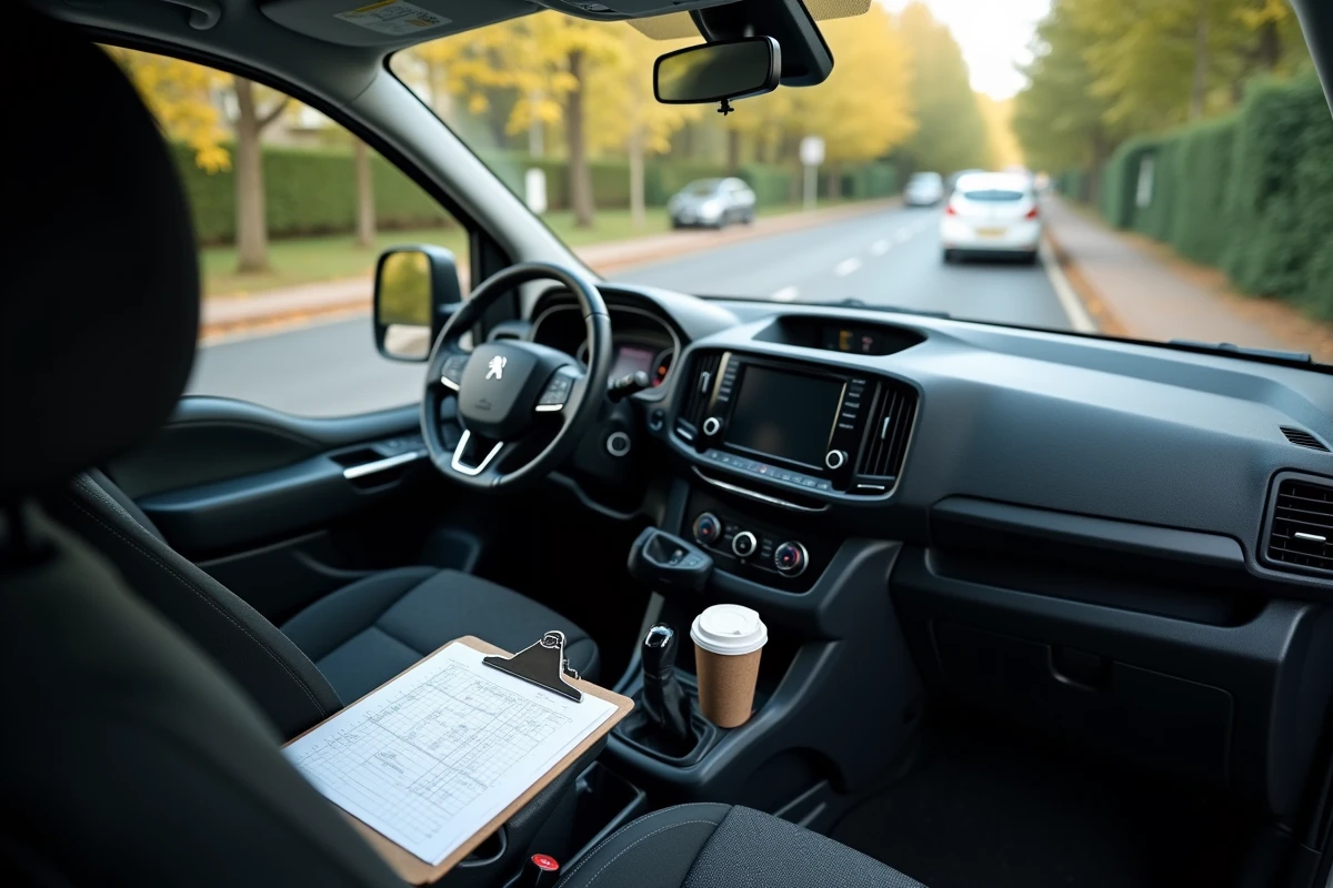 Intérieur du cockpit Peugeot Expert avec tableau de bord ergonomique et documents de livraison, vue depuis le siège passager