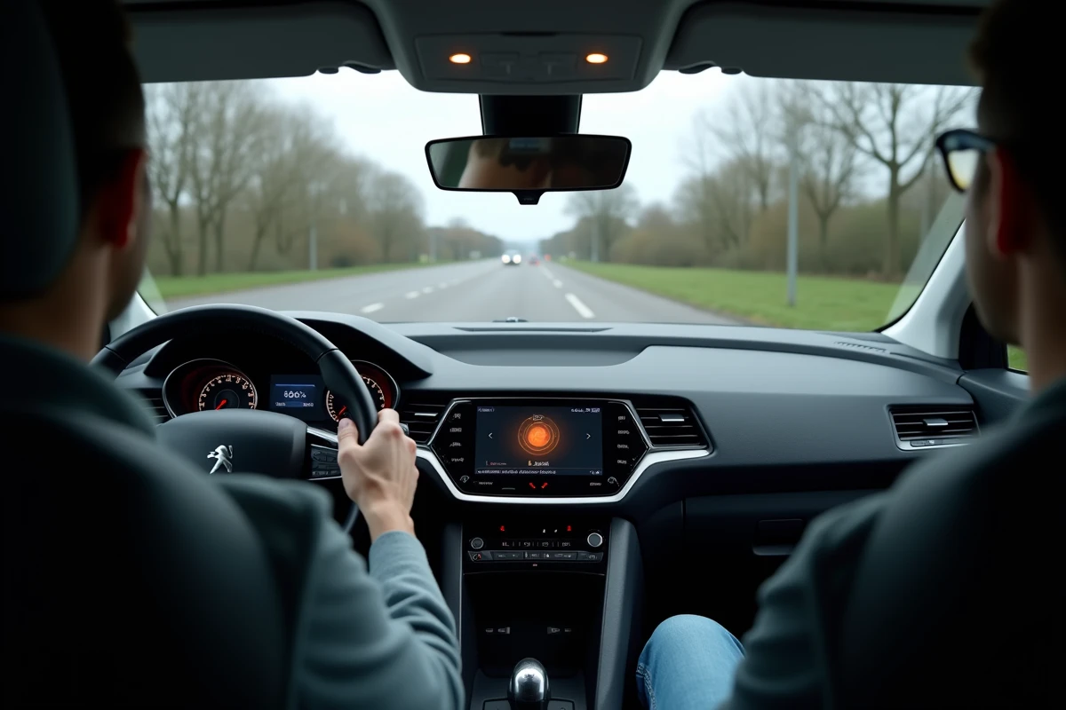 Intérieur d'une Peugeot 3008 avec voyant orange rond visible sur l'écran du tableau de bord pendant la conduite