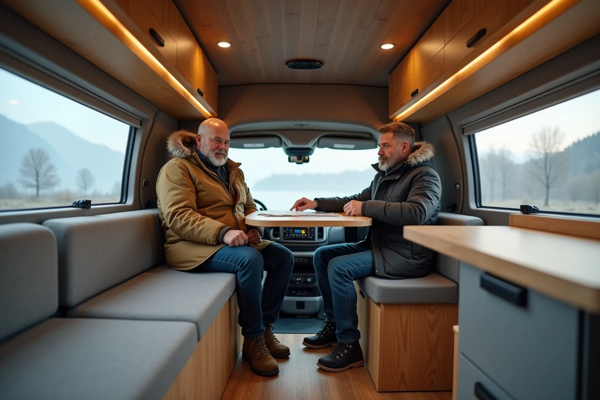 Homme regardant une carte dans l interieur du van