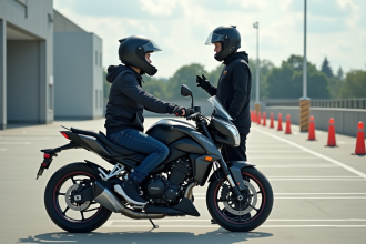 Jeune adulte en formation moto avec instructeur dans un centre moderne