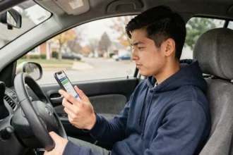 Jeune conducteur consultant une application de comparaison d'assurance auto sur son smartphone dans son véhicule