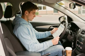 Jeune conducteur consultant son contrat d'assurance voiture dans l'habitacle d'une petite citadine