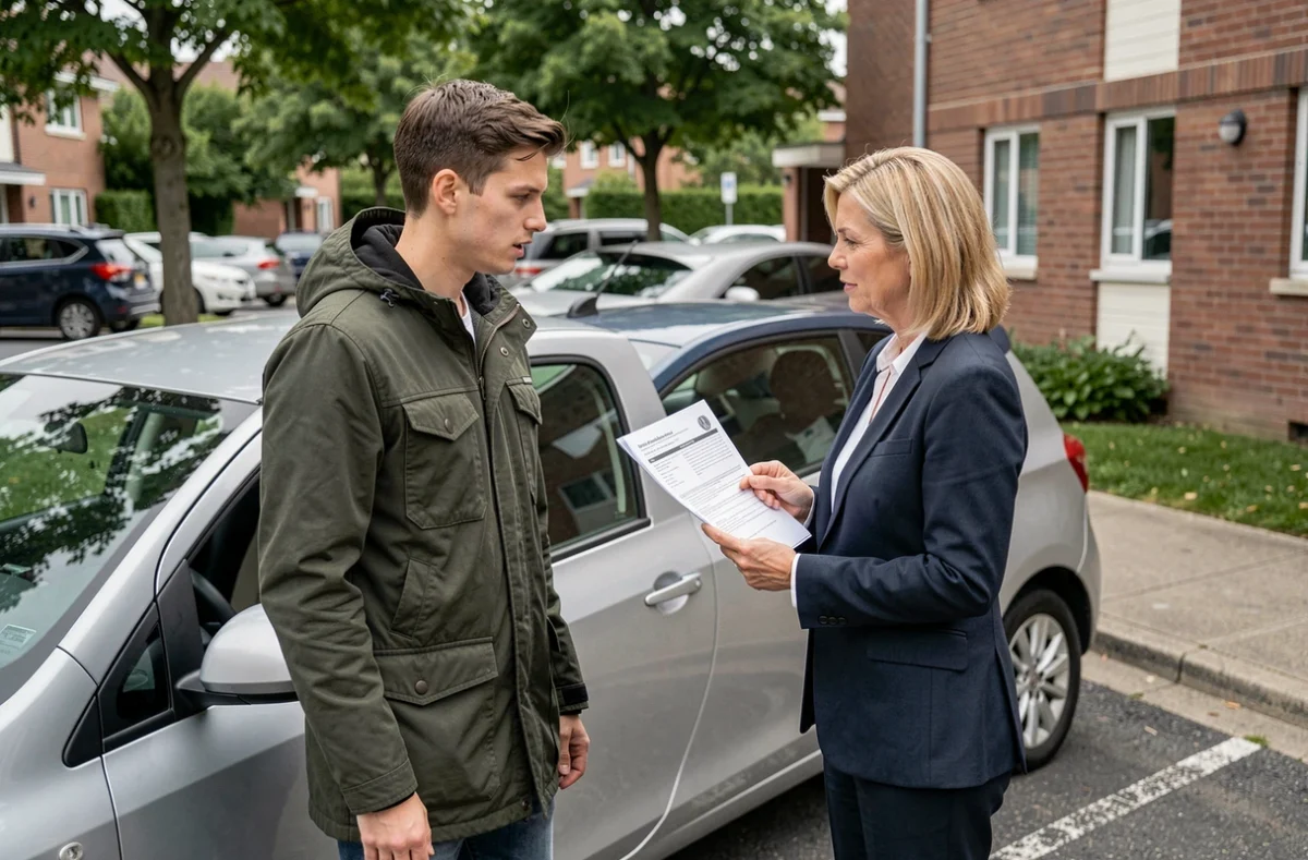 Jeune conducteur discutant des options d'assurance auto avec un agent professionnel devant sa voiture