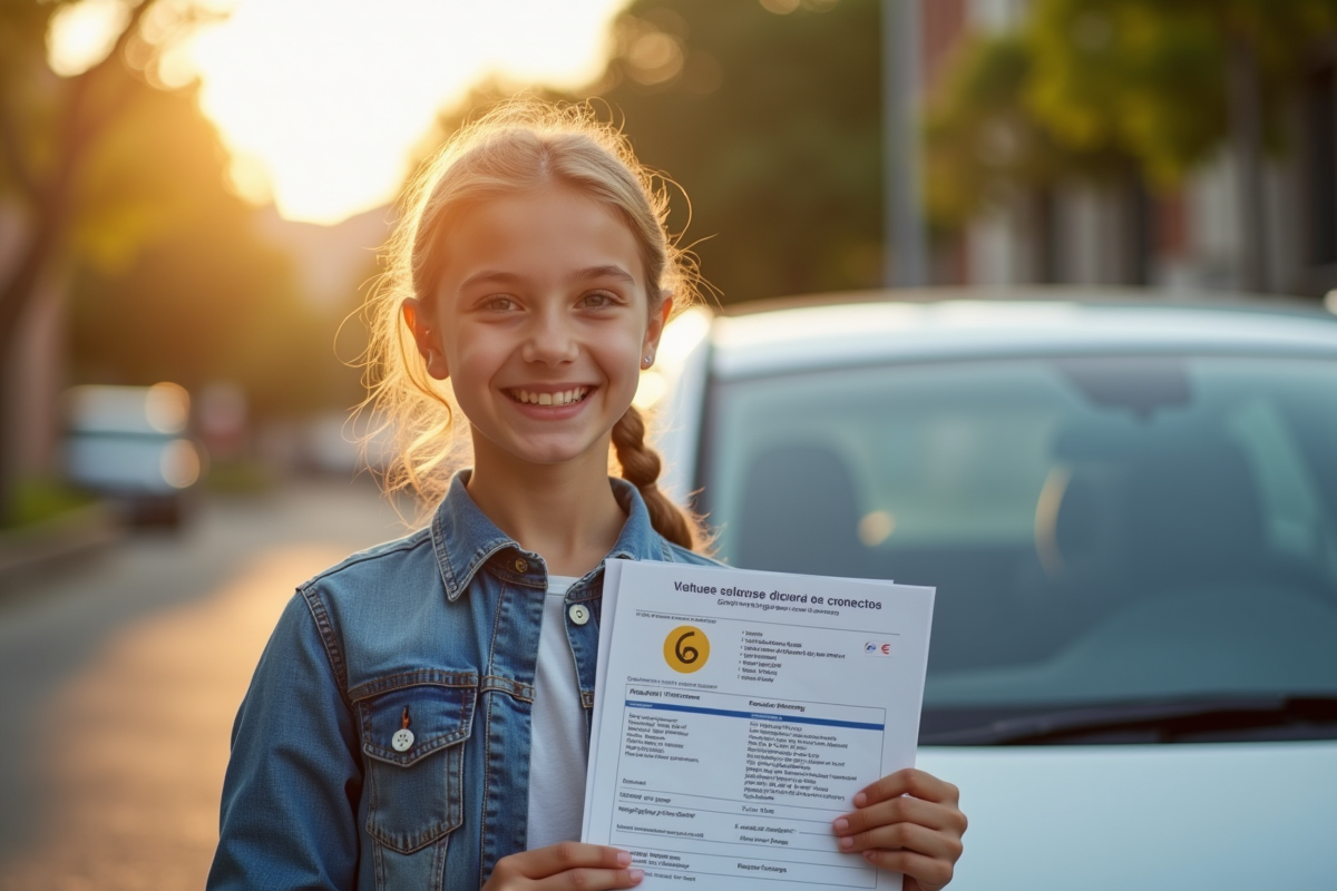 Jeune personne souriante tenant son permis de conduire devant une petite voiture