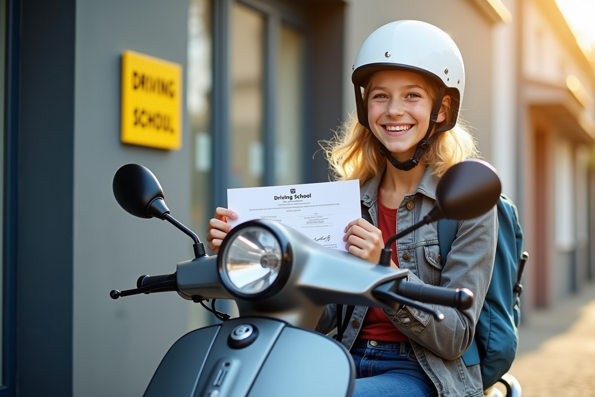 Jeune conducteur souriant avec casque sur scooter devant école