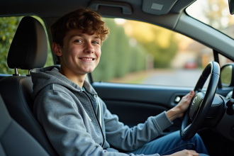 Jeune garçon souriant dans sa voiture en extérieur