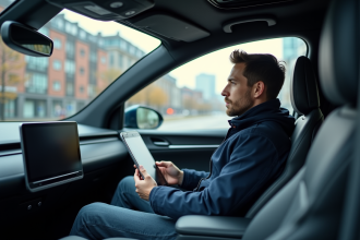Jeune ingénieur dans une voiture autonome moderne