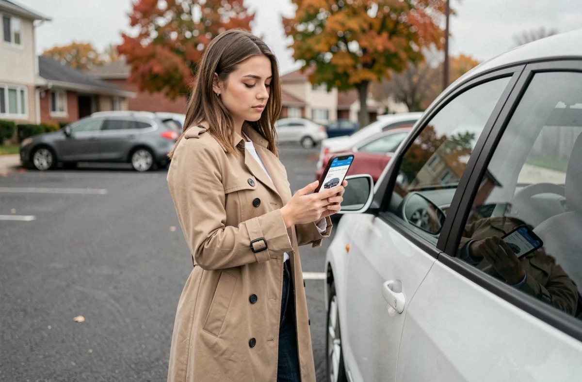 Jeune femme conductrice utilisant son smartphone pour comparer les prix d'assurance auto en milieu urbain