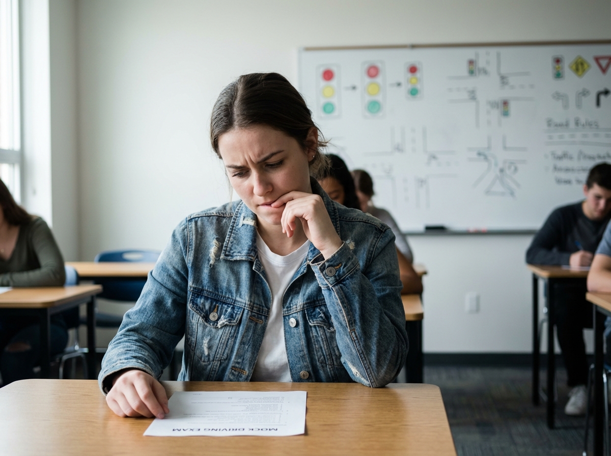 Jeune femme anxieuse avec feuille d'examen de conduite