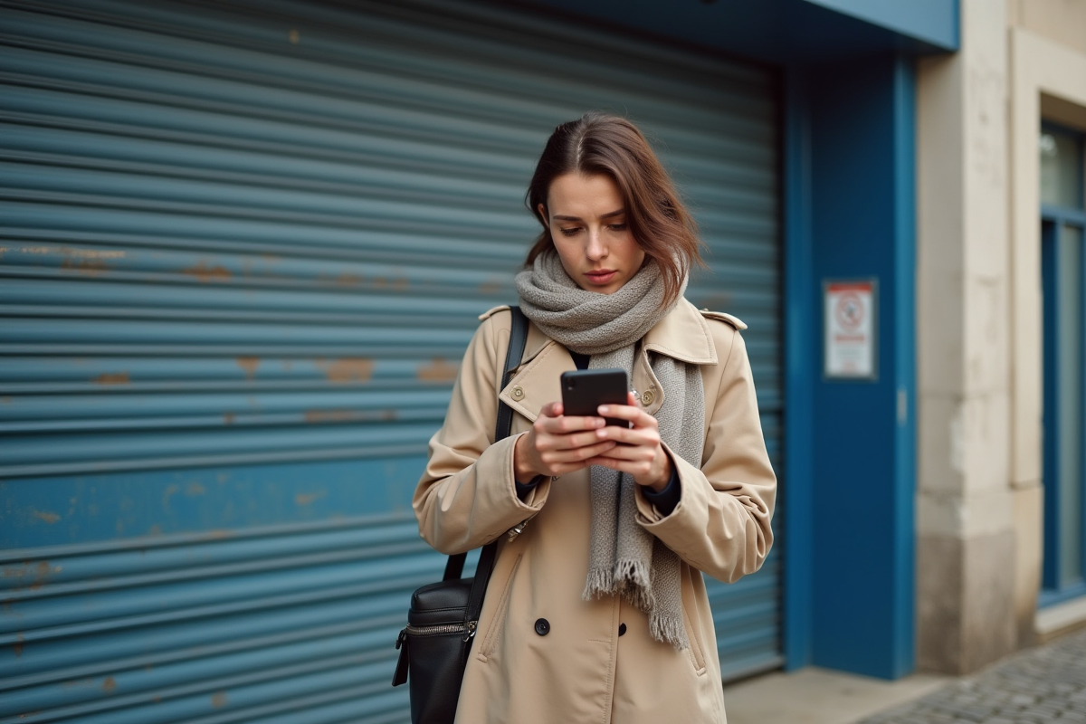Jeune femme en trench coat vérifiant son smartphone devant un garage