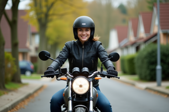 Jeune femme souriante en moto en quartier résidentiel