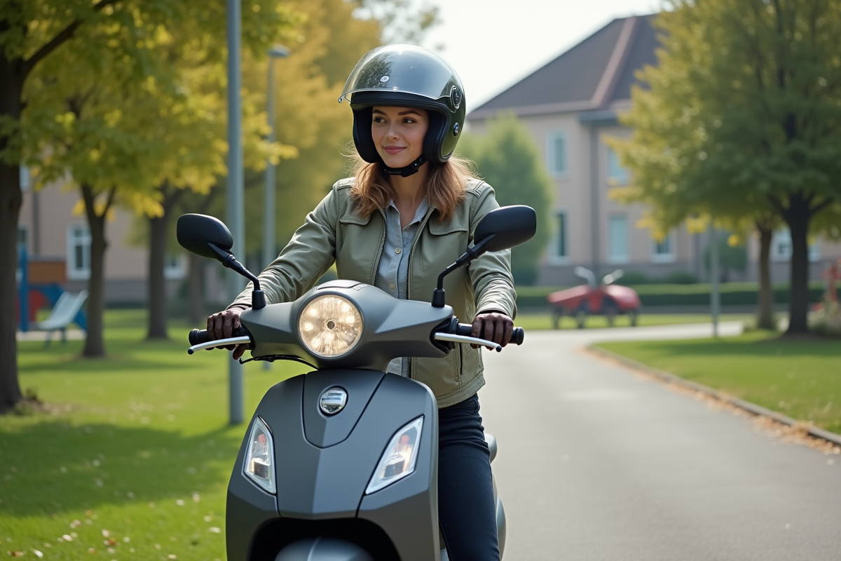Jeune femme avec casque prêt à rouler en scooter