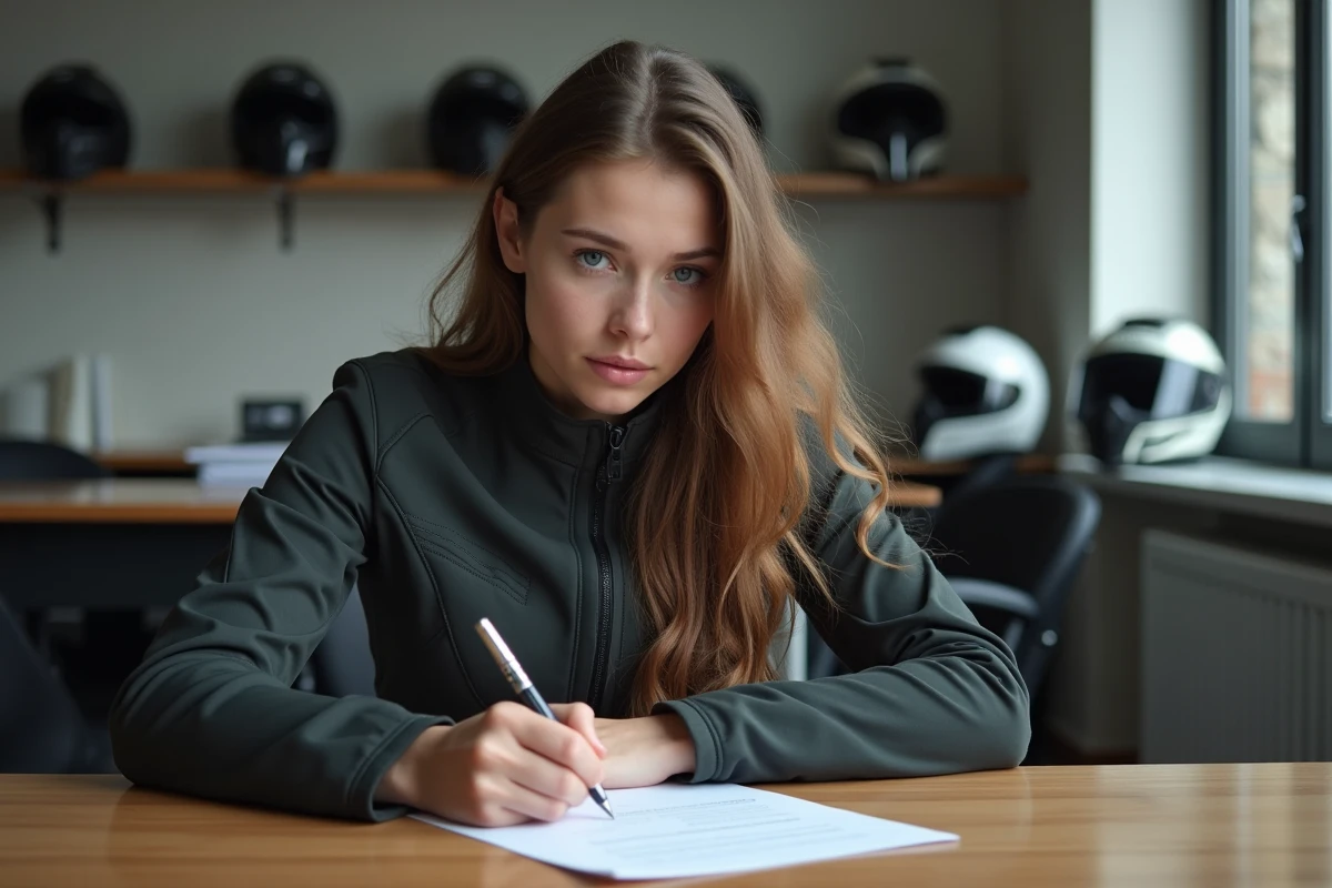 Jeune femme remplissant des papiers dans une école de conduite