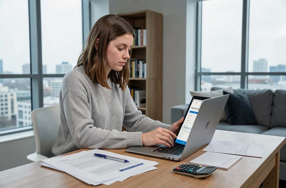 Jeune femme remplissant un formulaire d'assurance auto en ligne sur son ordinateur portable à son bureau