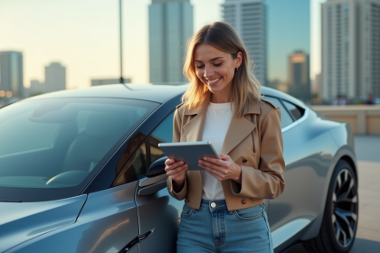 Jeune femme souriante avec voiture futuriste 2026