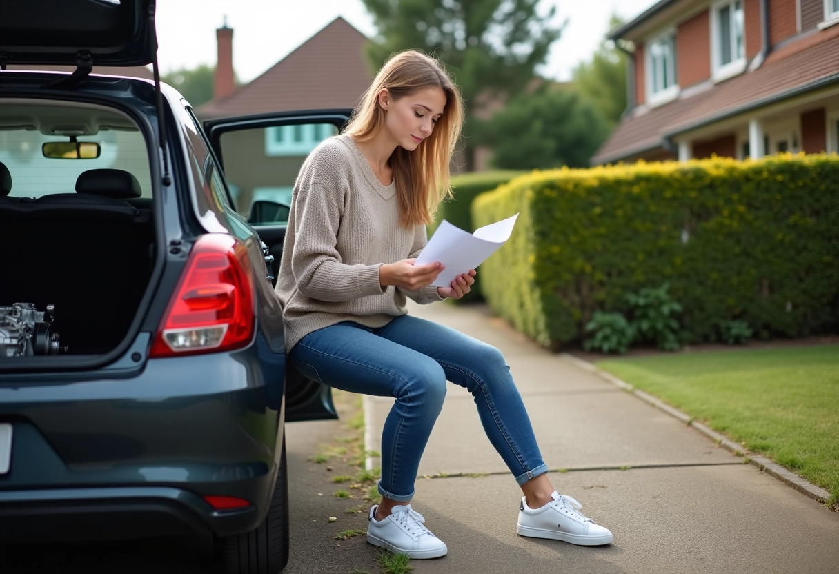 Jeune femme vérifiant un document près de sa voiture avec boîte reconditionnée