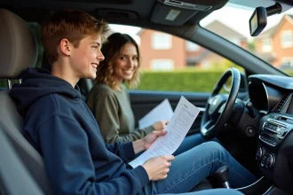 Jeune garçon souriant dans la voiture avec documents