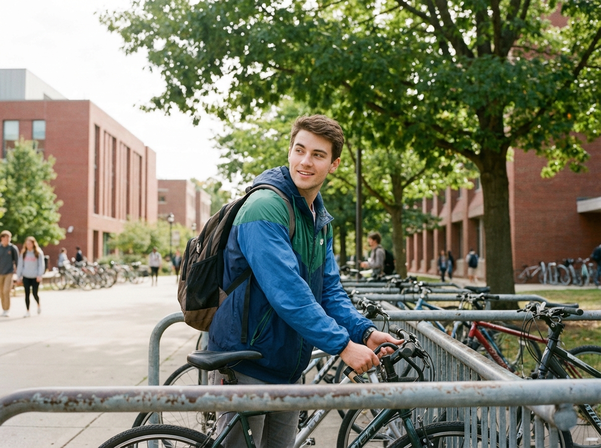 Jeune homme avec sac verrouille un vélo dans un campus universitaire