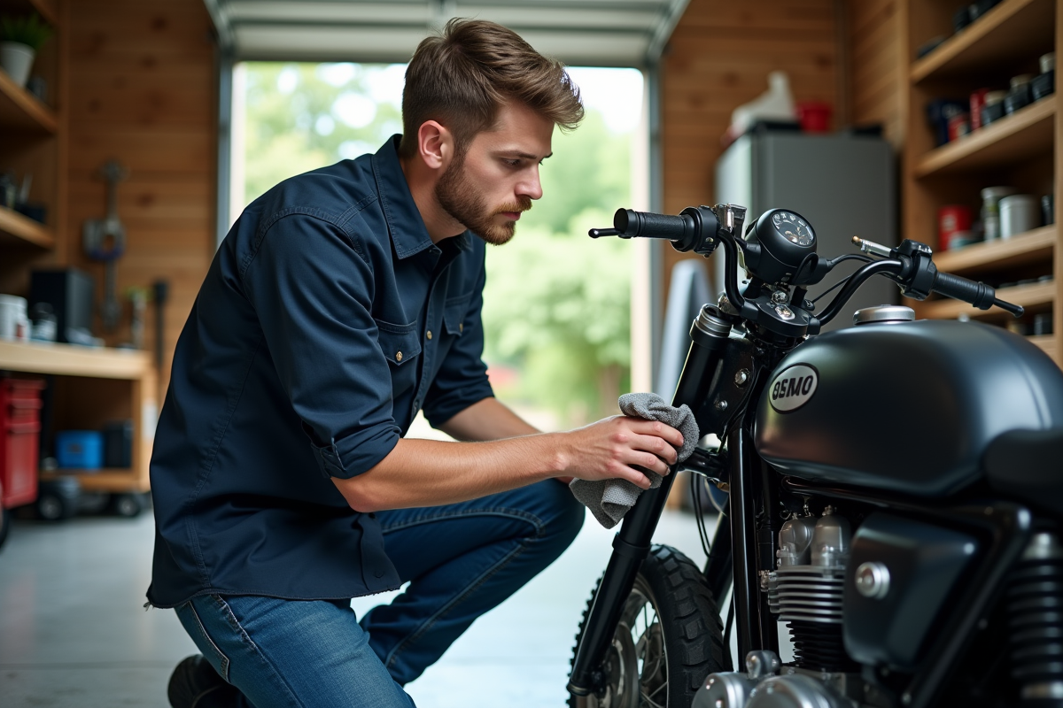 Jeune homme nettoyant le moteur d'une moto 50cc dans un garage