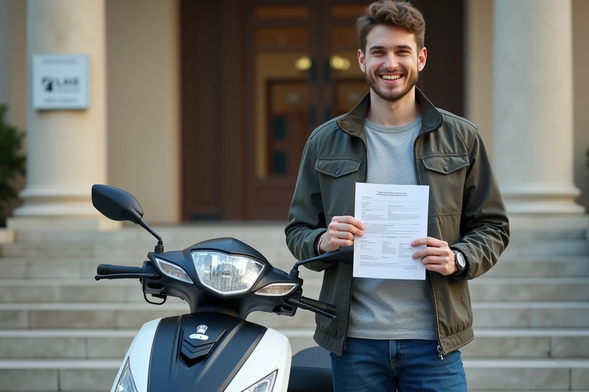 Jeune homme souriant avec scooter et documents de licence