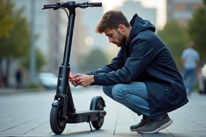 Jeune homme appliquant une vignette sur un scooter électrique