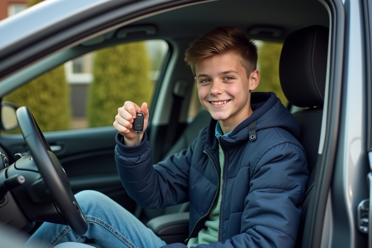 Adolescent souriant dans une voiture familiale moderne
