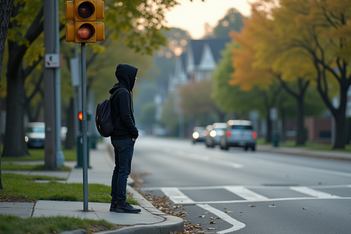 Jeune homme attendant au passage piéton avec feu jaune en suburbain