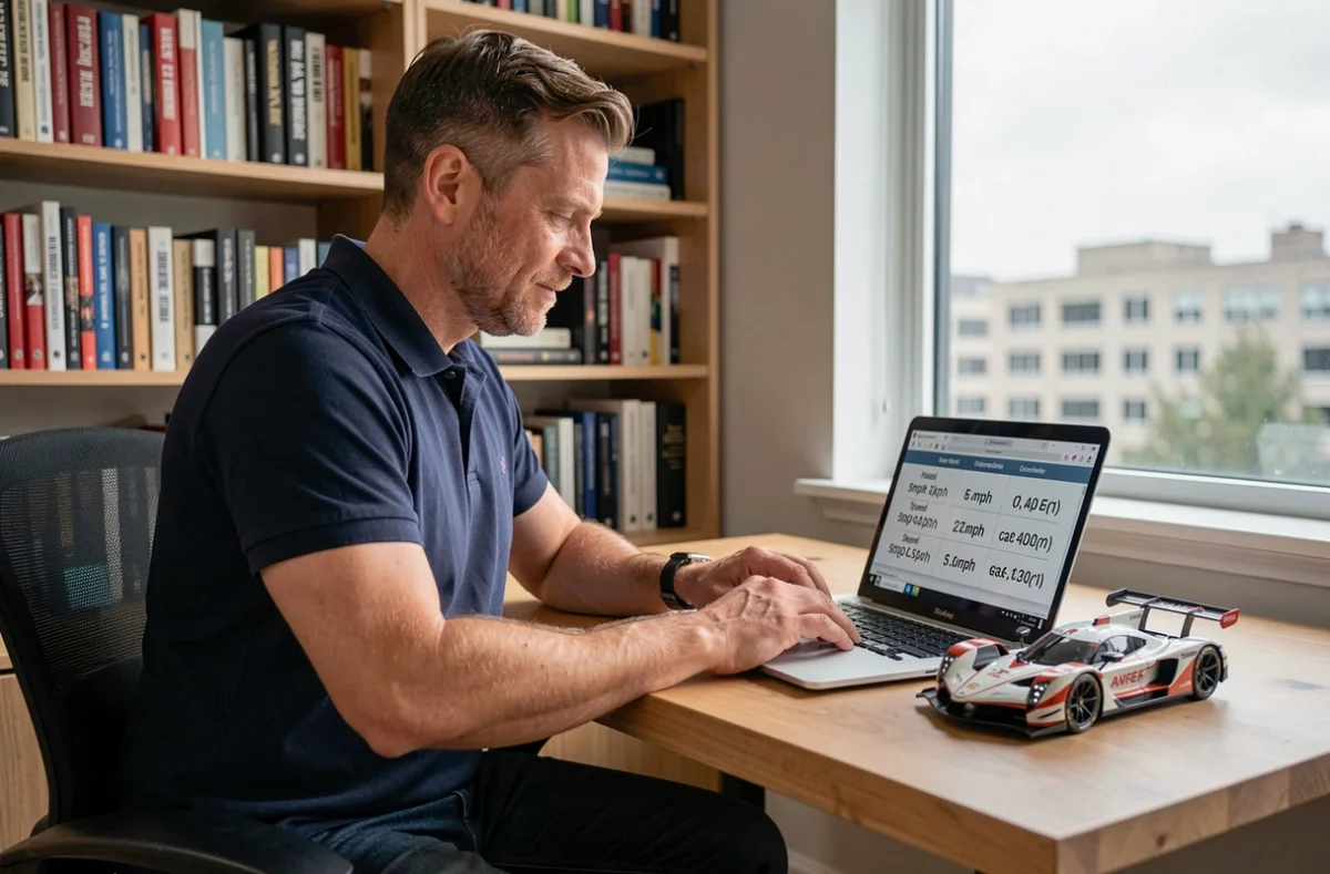 Journaliste automobile consultant un tableau de conversion de vitesse mph en km/h sur son ordinateur portable dans un bureau moderne