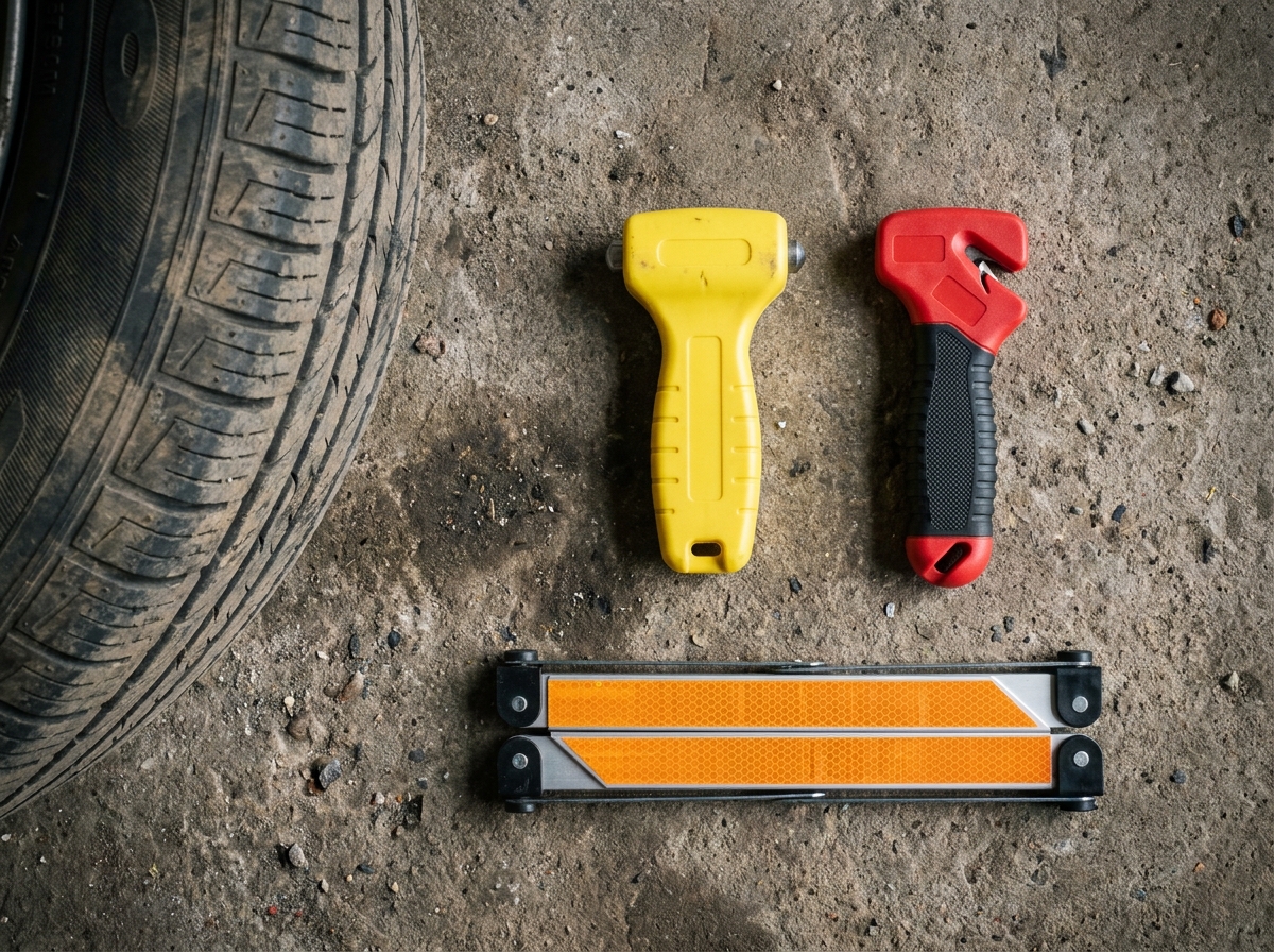 Kit de sécurité routière avec brise-vitre jaune, coupe-ceinture rouge et triangle de signalisation posés au sol près d'un pneu