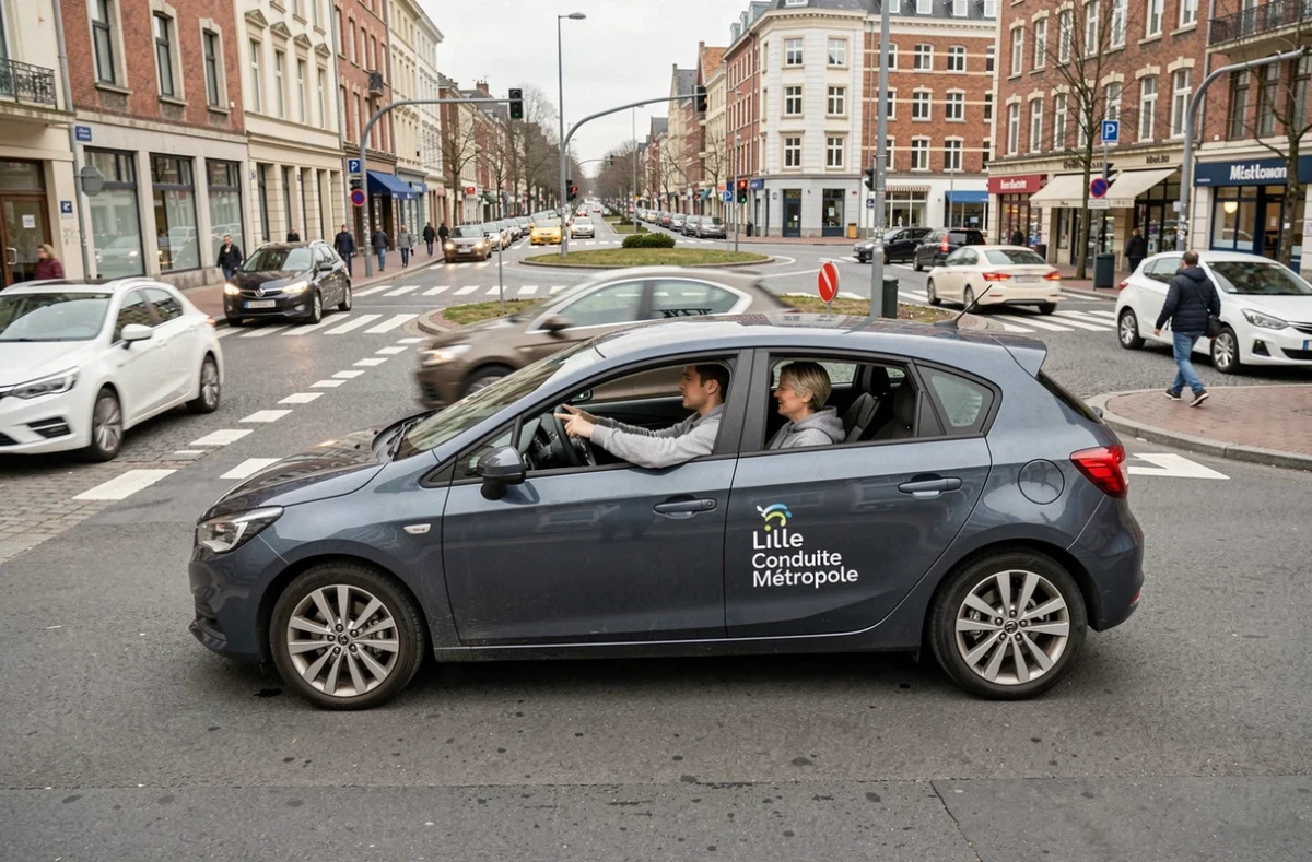 Voiture de Lille Conduite Métropole en circulation dans une intersection animée de la métropole lilloise