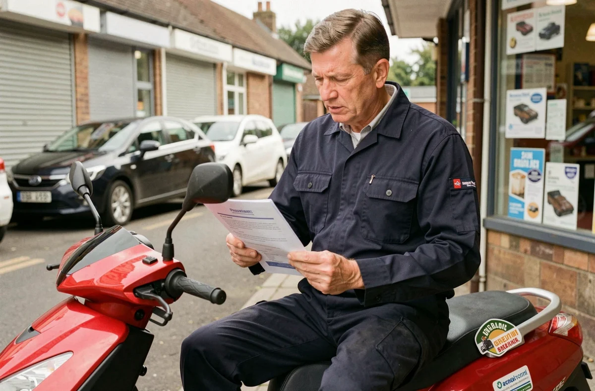 Livreur sur un scooter rouge lisant les instructions de pose d'une vignette d'assurance devant une boutique