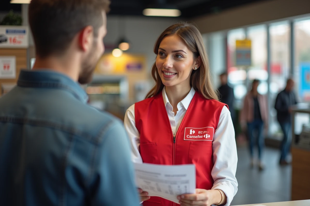 Employée Carrefour présentant les tarifs de location utilitaire à un client au comptoir de service
