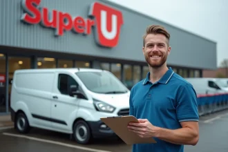 Utilitaire de location Super U garé devant une grande surface avec un employé tenant un document de tarification