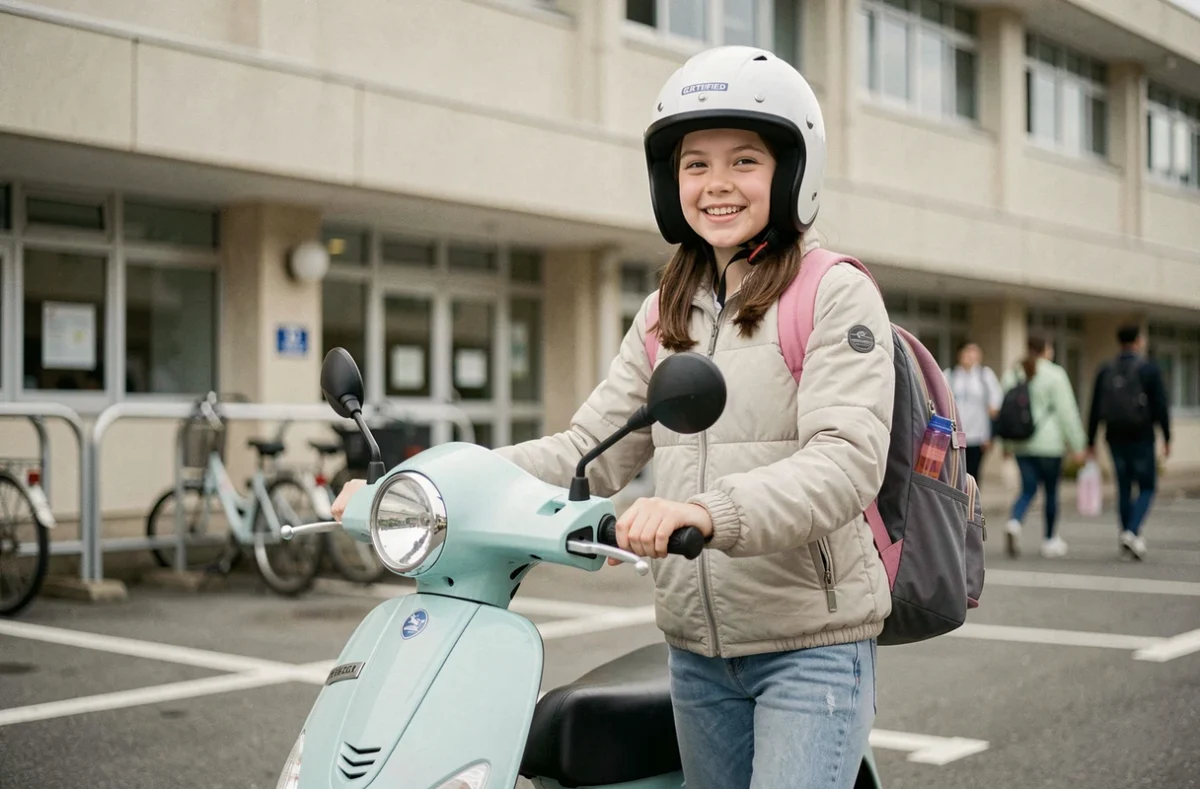 Jeune lycéenne casquée debout près de son scooter 50cc dans le parking d'un lycée français