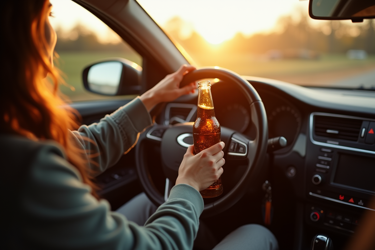 Main attrapant une bouteille de bière dans une voiture en plein soleil