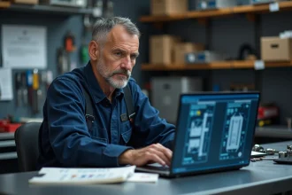 Mécanicien homme en overalls bleus utilisant un ordinateur dans l'atelier