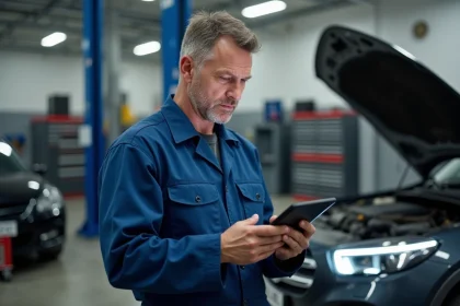 Mécanicien homme examinant une tablette diagnostic dans un atelier moderne