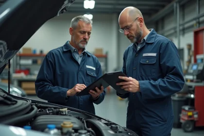 Mecanicien automobile en inspection moteur dans un garage