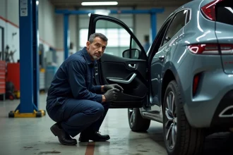 Mécanicien professionnel examinant le tableau de bord d'une Renault Clio 5 dans un garage automobile pour diagnostiquer le message injection à contrôler