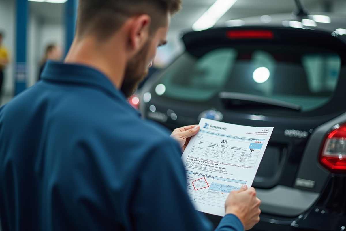Mecanicien montrant un rapport de diagnostic avec SR en centre de service