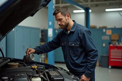 Mécanicien versant de l'huile moteur dans un moteur de voiture dans un garage automobile professionnel