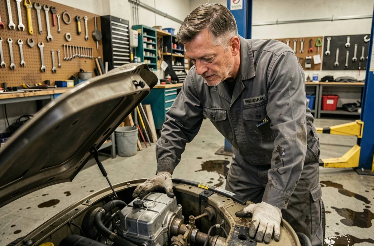 Mécanicien inspectant la boîte de vitesse d'une voiture sans permis dans un atelier automobile professionnel