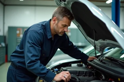 Mécanicien inspectant le moteur d'un Nissan Qashqai dans un garage automobile professionnel