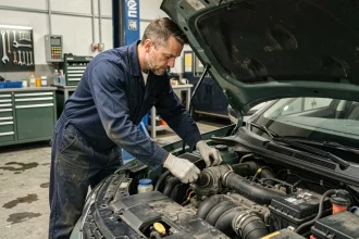 Mécanicien inspectant la vanne EGR d'un moteur diesel dans un garage professionnel