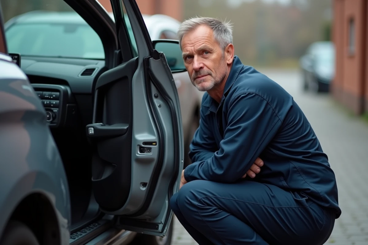 Mécanicien inspectant le voyant orange allumé sur le tableau de bord d'une Peugeot 308 garée en ville
