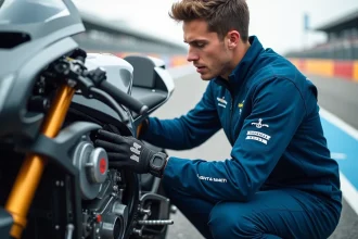 Jeune mecanicien moto examinent moteur de course en plein air