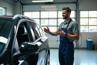 Mecanicien amical indiquant une voiture moderne dans un centre de contrôle
