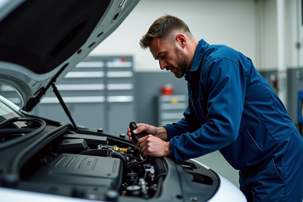 Mécanicien inspectant un moteur électrique dans un garage