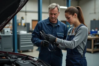 Mécanicien montrant la courroie de distribution à une jeune femme
